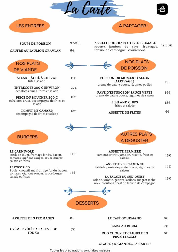 La carte du restaurant de l'estuaire