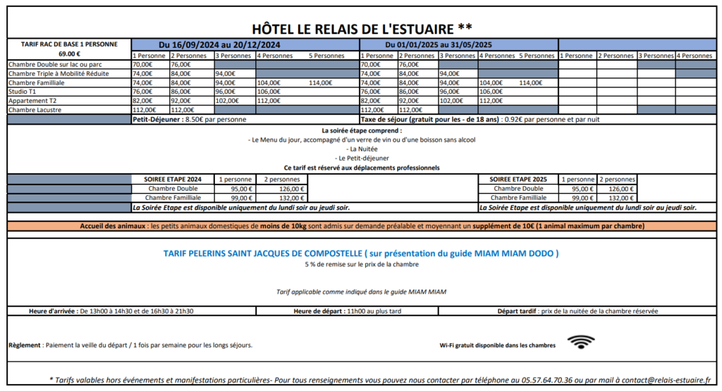 Tarifs de l'hôtel de l'estuaire